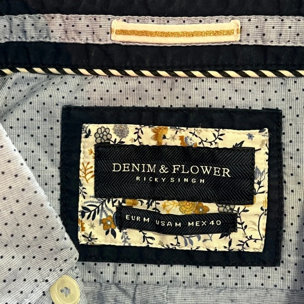 Denim & Flower Button Down Mens Medium Blue Polka‎ Dot Floral Cuff Dapper Shirt
